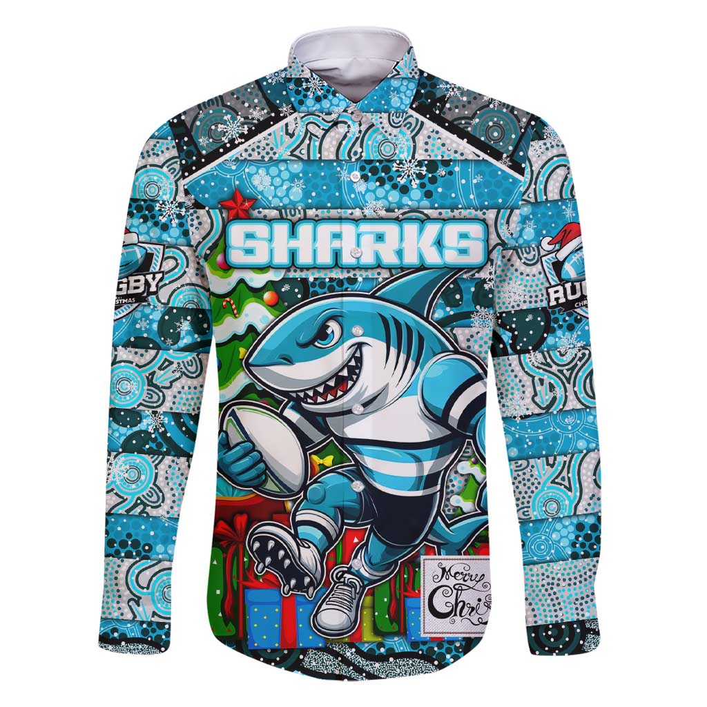 Custom Sharks Rugby Merry Christmas Family Matching Short Sleeve Bodycon Dress and Hawaiian Shirt Indigenous Australian Art