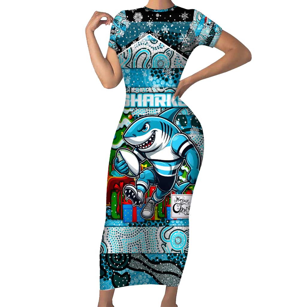 Custom Sharks Rugby Merry Christmas Family Matching Short Sleeve Bodycon Dress and Hawaiian Shirt Indigenous Australian Art