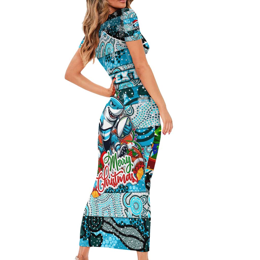 Custom Sharks Rugby Merry Christmas Family Matching Short Sleeve Bodycon Dress and Hawaiian Shirt Indigenous Australian Art