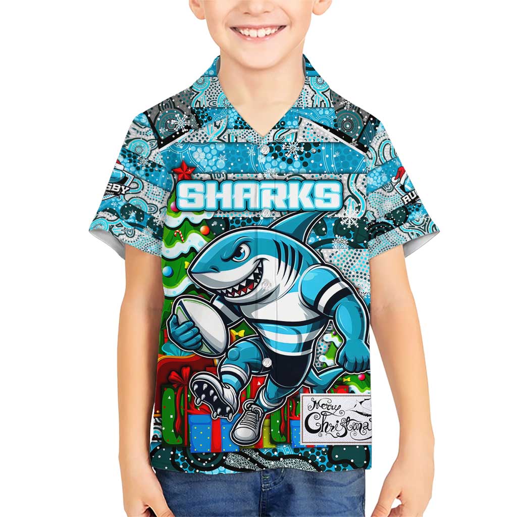 Custom Sharks Rugby Merry Christmas Family Matching Short Sleeve Bodycon Dress and Hawaiian Shirt Indigenous Australian Art