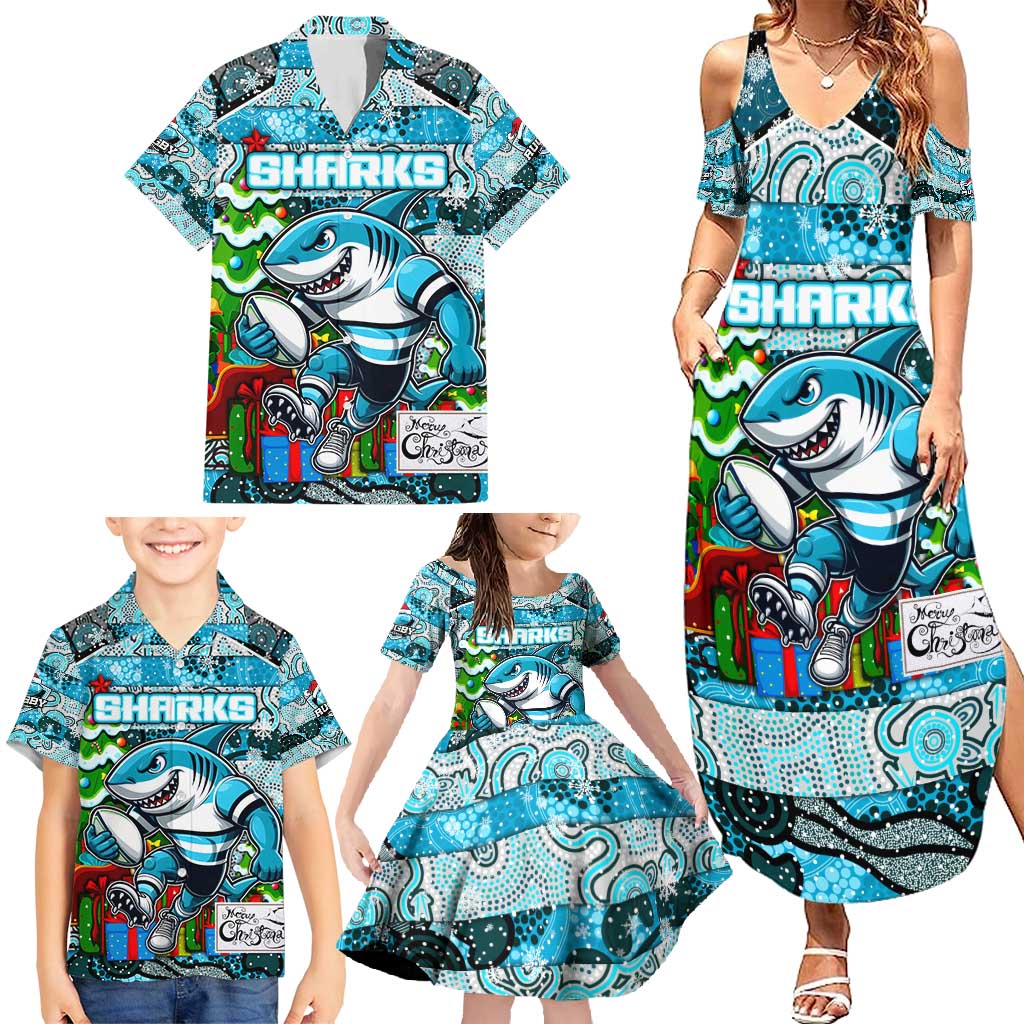 Custom Sharks Rugby Merry Christmas Family Matching Summer Maxi Dress and Hawaiian Shirt Indigenous Australian Art