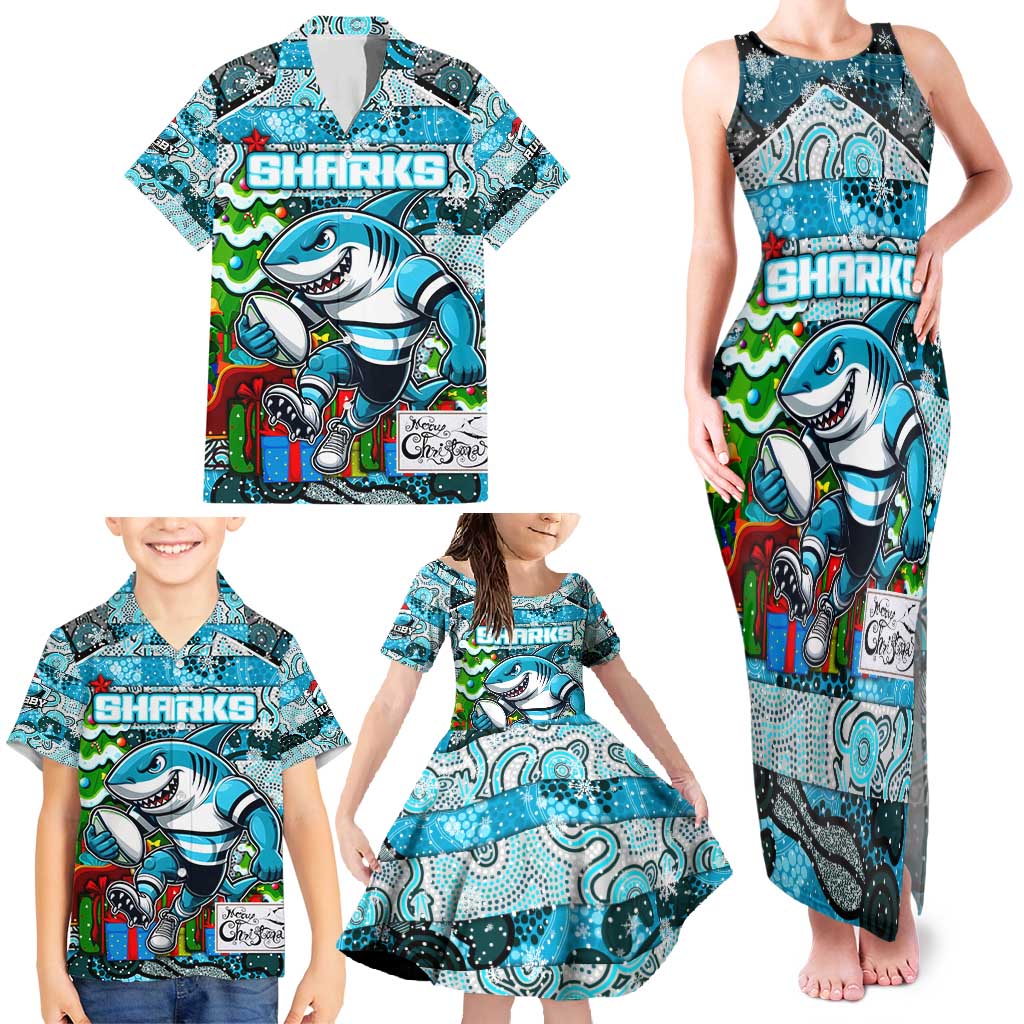 Custom Sharks Rugby Merry Christmas Family Matching Tank Maxi Dress and Hawaiian Shirt Indigenous Australian Art