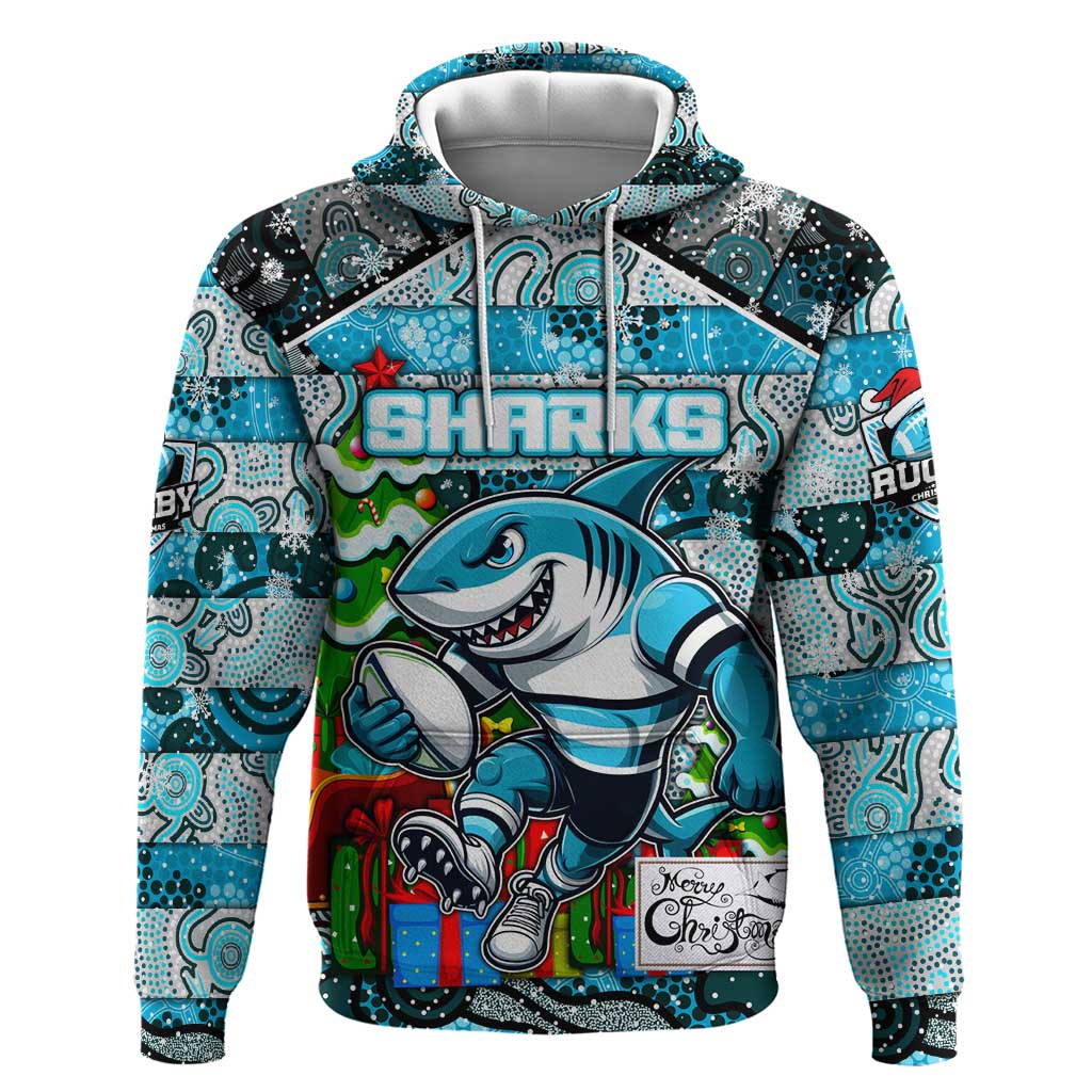 Custom Sharks Rugby Merry Christmas Hoodie Indigenous Australian Art - Vibe Hoodie Shop