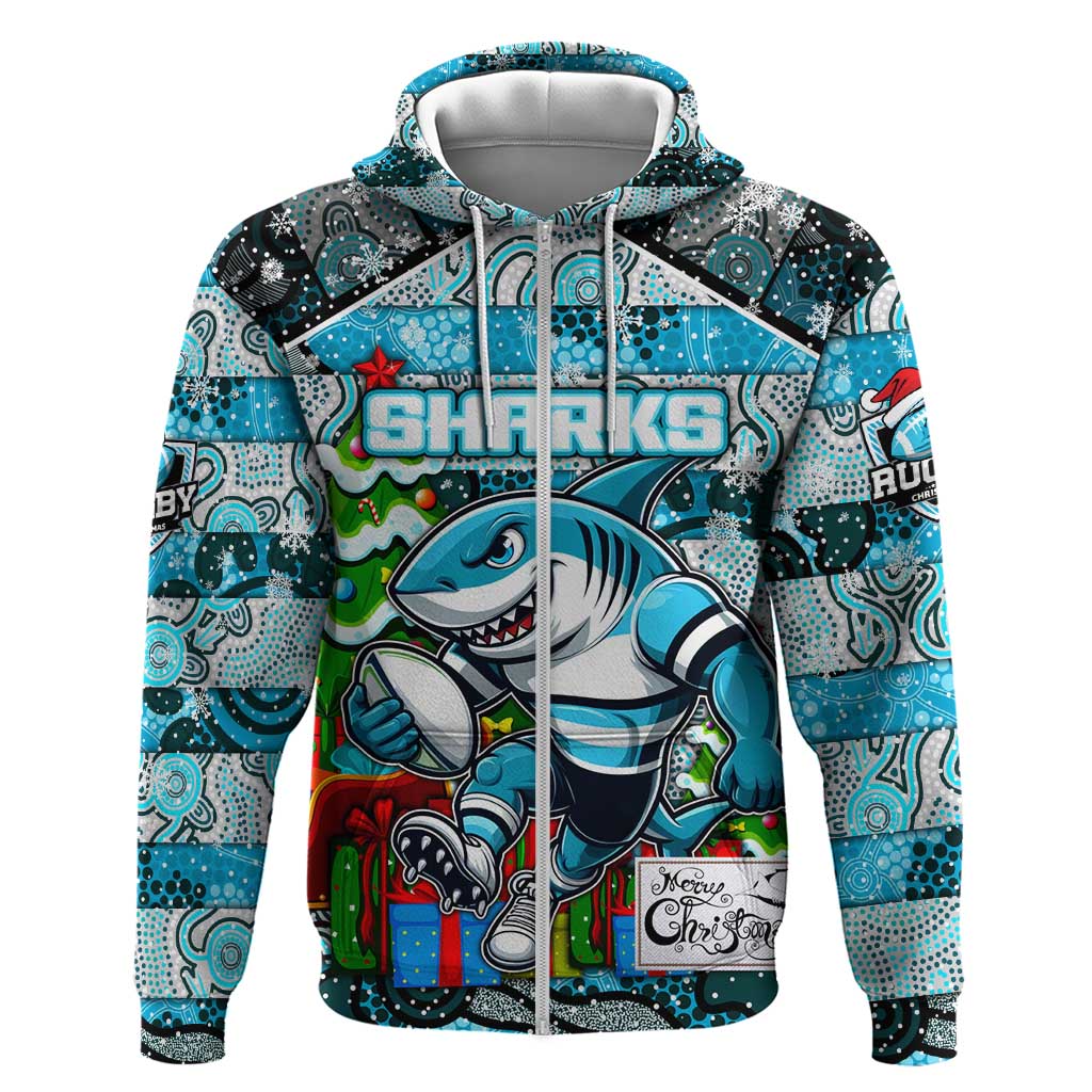 Custom Sharks Rugby Merry Christmas Hoodie Indigenous Australian Art - Vibe Hoodie Shop