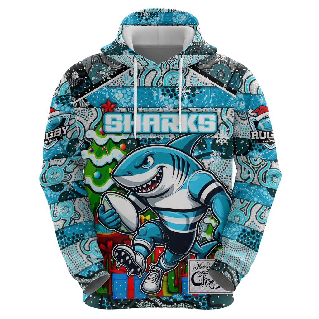 Custom Sharks Rugby Merry Christmas Hoodie Indigenous Australian Art - Vibe Hoodie Shop