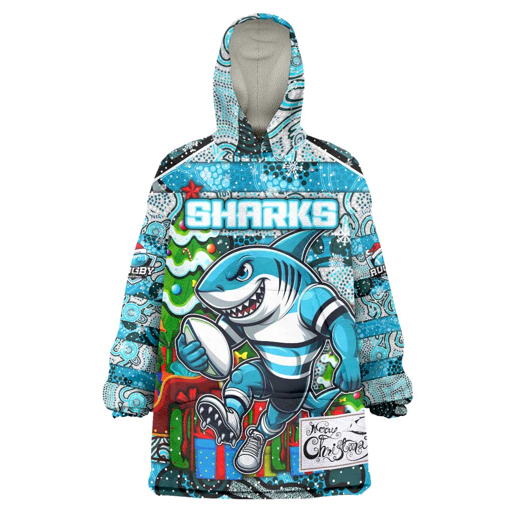 Custom Sharks Rugby Merry Christmas Wearable Blanket Hoodie Indigenous Australian Art - Vibe Hoodie Shop