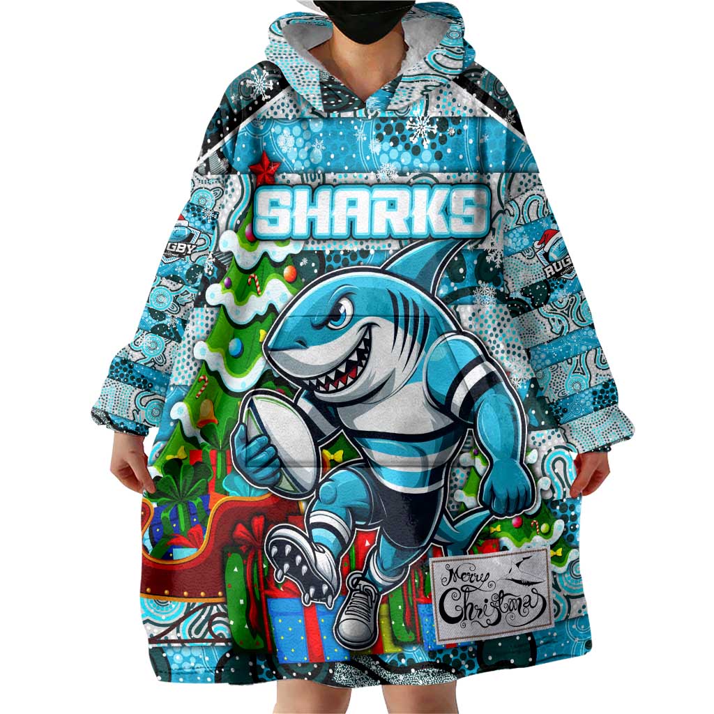 Custom Sharks Rugby Merry Christmas Wearable Blanket Hoodie Indigenous Australian Art - Vibe Hoodie Shop