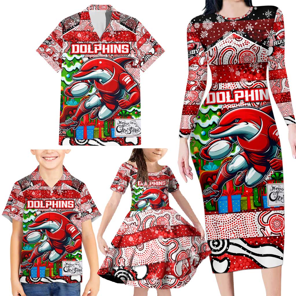 Custom Dolphins Rugby Merry Christmas Family Matching Long Sleeve Bodycon Dress and Hawaiian Shirt Indigenous Australian Art