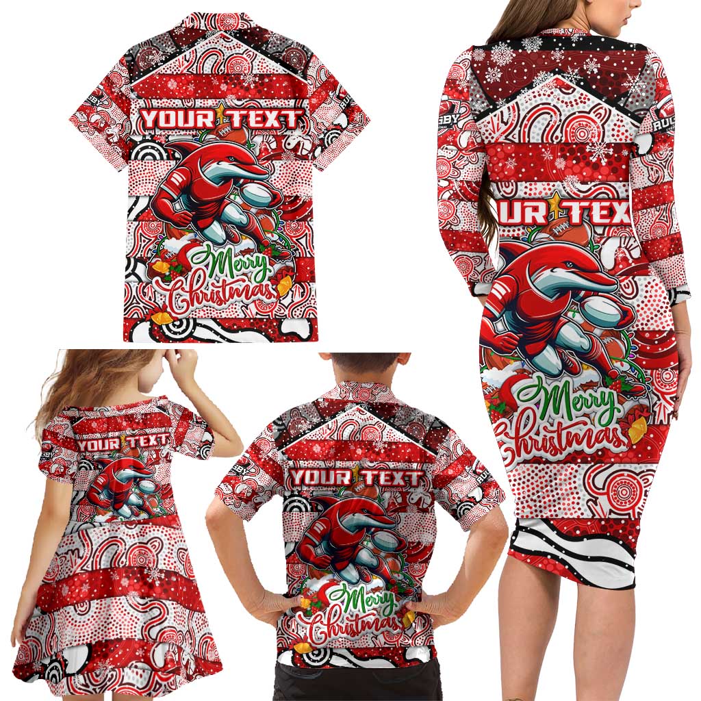 Custom Dolphins Rugby Merry Christmas Family Matching Long Sleeve Bodycon Dress and Hawaiian Shirt Indigenous Australian Art