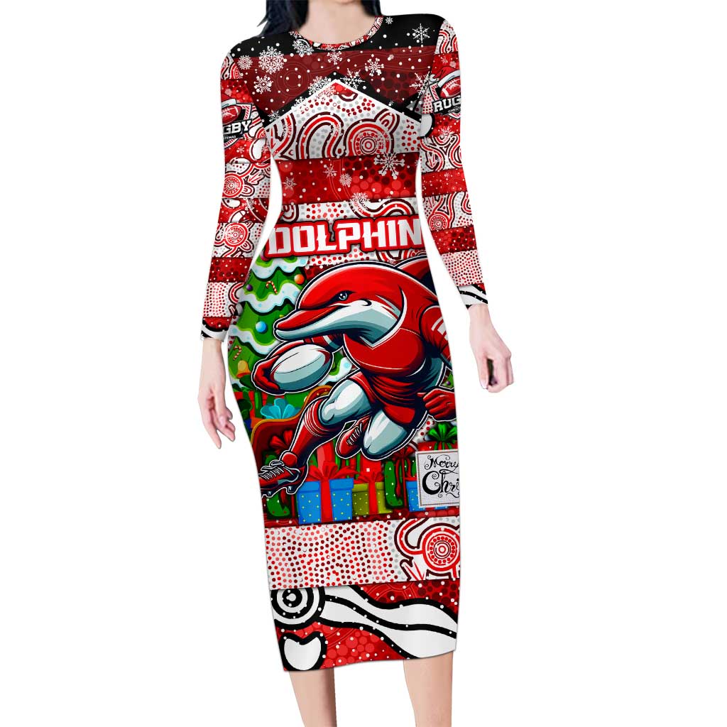 Custom Dolphins Rugby Merry Christmas Family Matching Long Sleeve Bodycon Dress and Hawaiian Shirt Indigenous Australian Art
