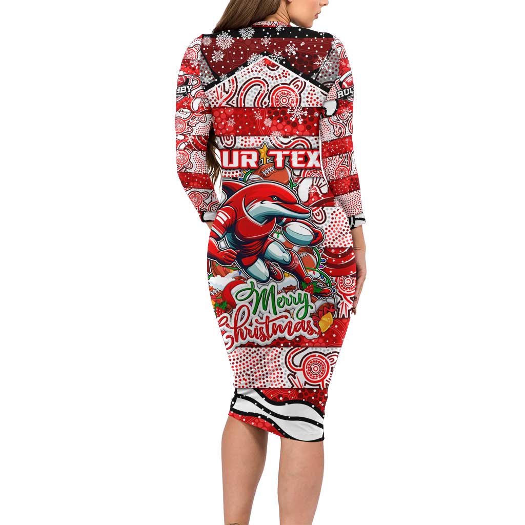 Custom Dolphins Rugby Merry Christmas Family Matching Long Sleeve Bodycon Dress and Hawaiian Shirt Indigenous Australian Art