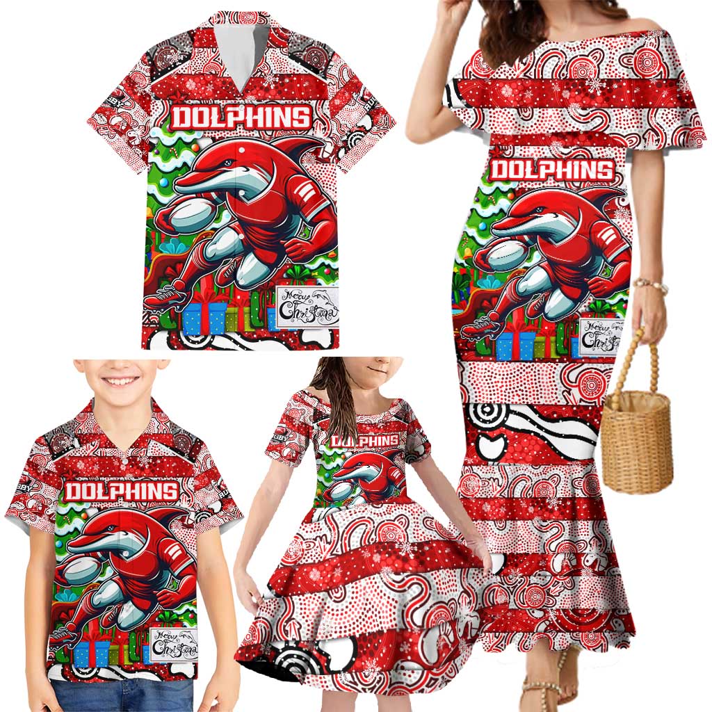 Custom Dolphins Rugby Merry Christmas Family Matching Mermaid Dress and Hawaiian Shirt Indigenous Australian Art