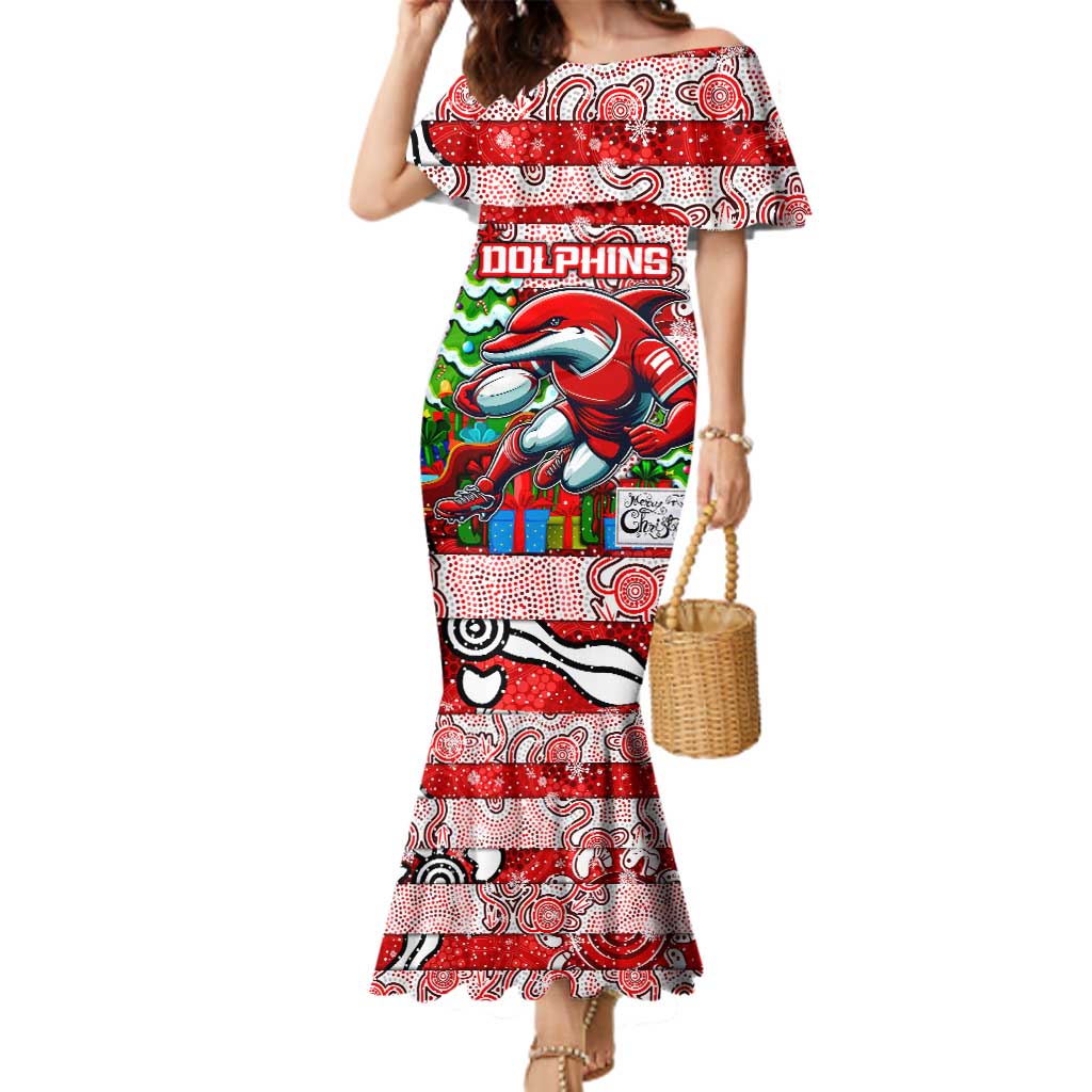 Custom Dolphins Rugby Merry Christmas Family Matching Mermaid Dress and Hawaiian Shirt Indigenous Australian Art