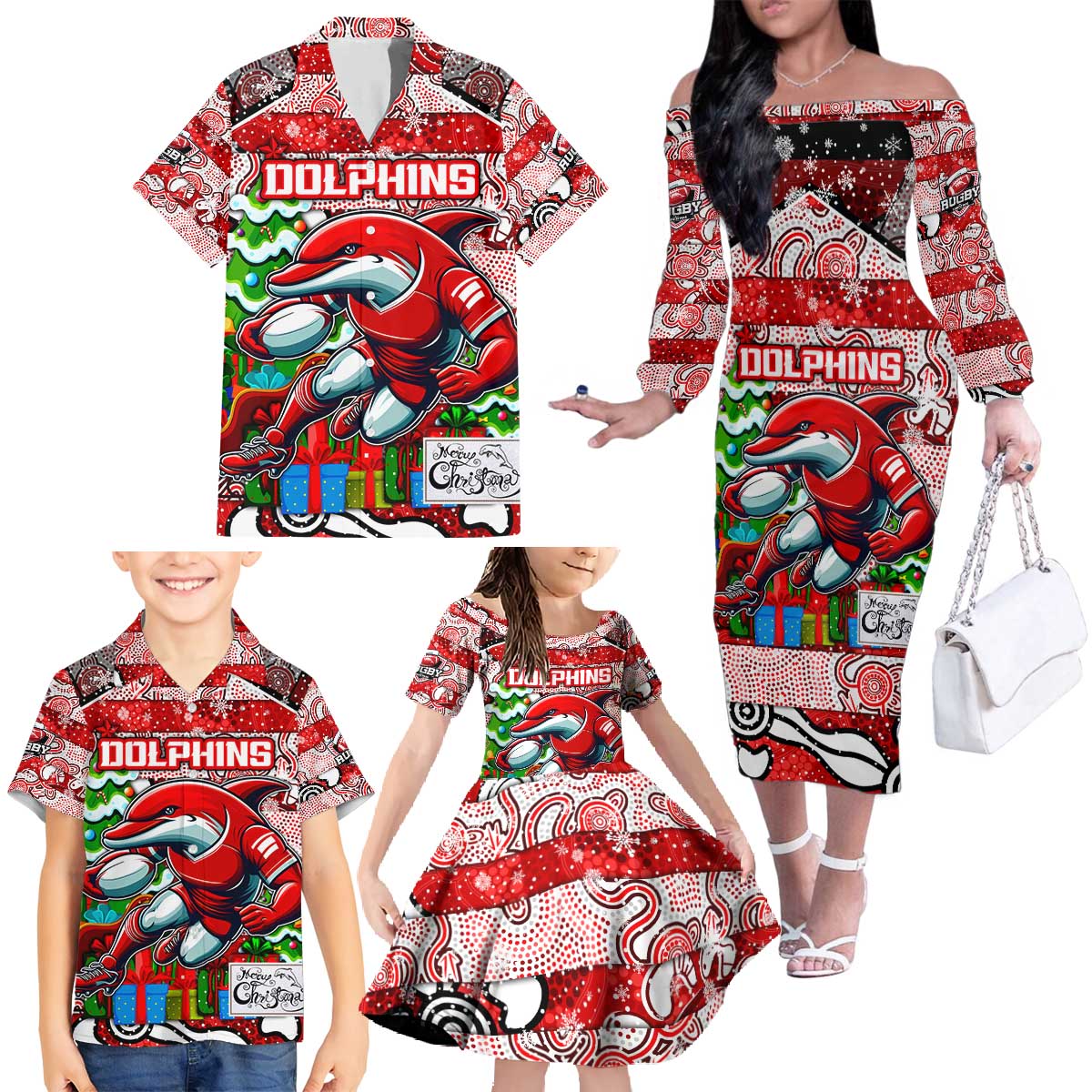 Custom Dolphins Rugby Merry Christmas Family Matching Off The Shoulder Long Sleeve Dress and Hawaiian Shirt Indigenous Australian Art