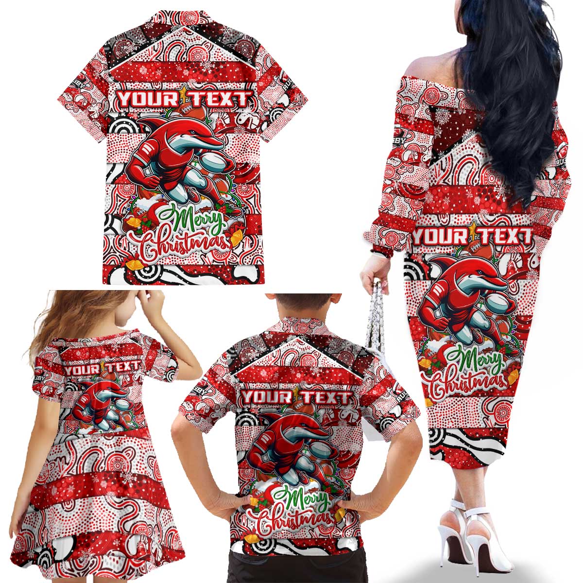 Custom Dolphins Rugby Merry Christmas Family Matching Off The Shoulder Long Sleeve Dress and Hawaiian Shirt Indigenous Australian Art