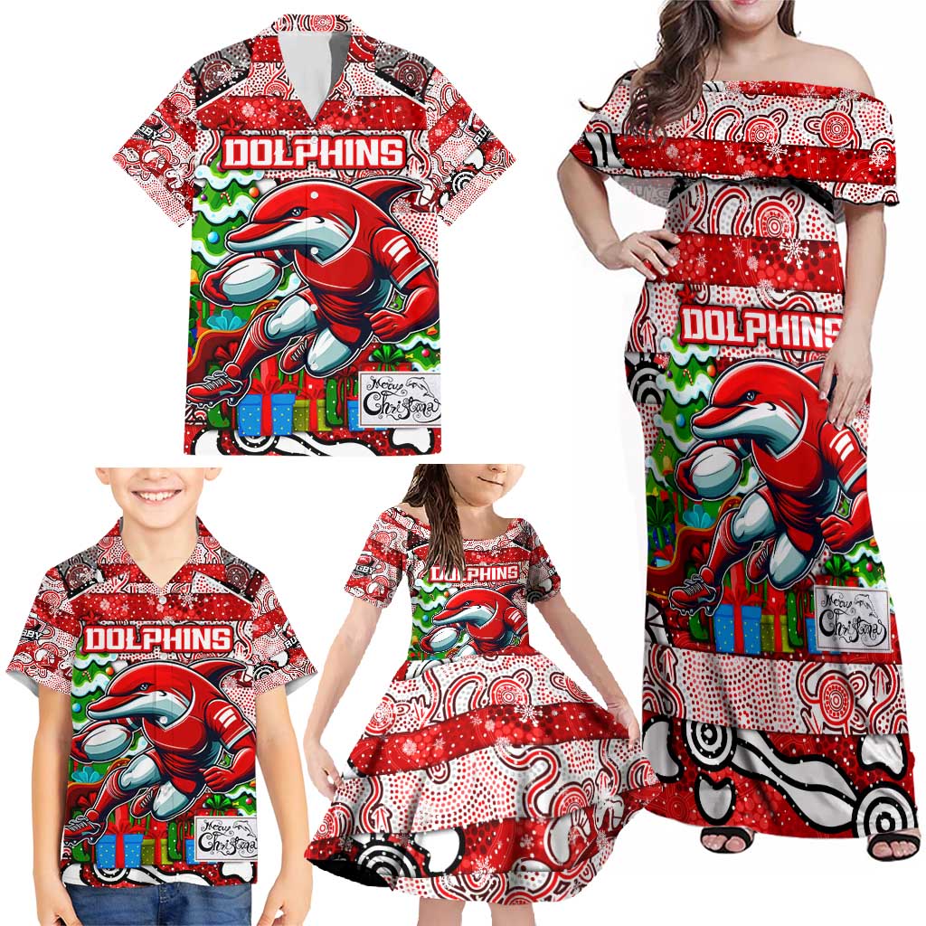 Custom Dolphins Rugby Merry Christmas Family Matching Off Shoulder Maxi Dress and Hawaiian Shirt Indigenous Australian Art
