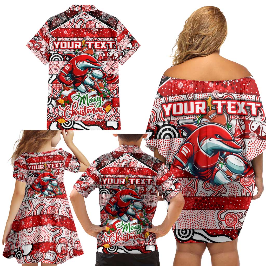 Custom Dolphins Rugby Merry Christmas Family Matching Off Shoulder Short Dress and Hawaiian Shirt Indigenous Australian Art