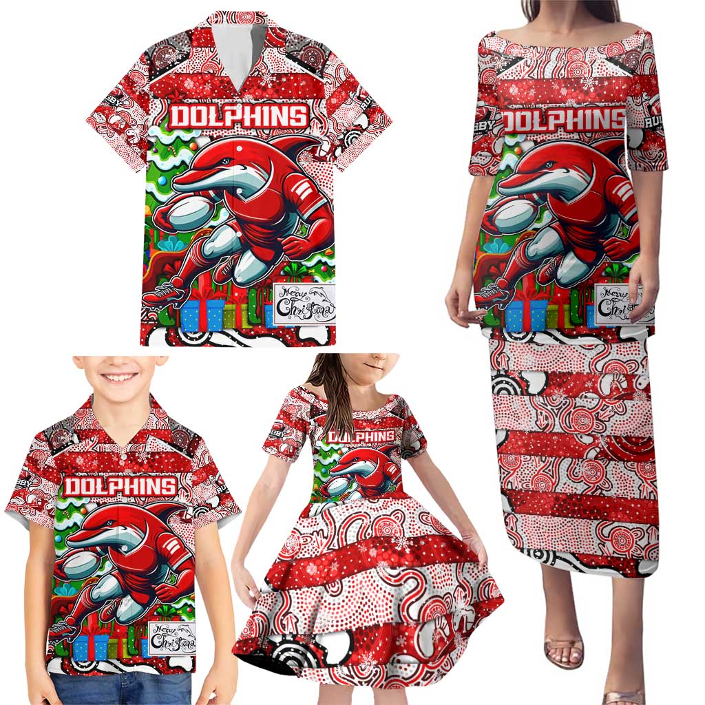 Custom Dolphins Rugby Merry Christmas Family Matching Puletasi and Hawaiian Shirt Indigenous Australian Art