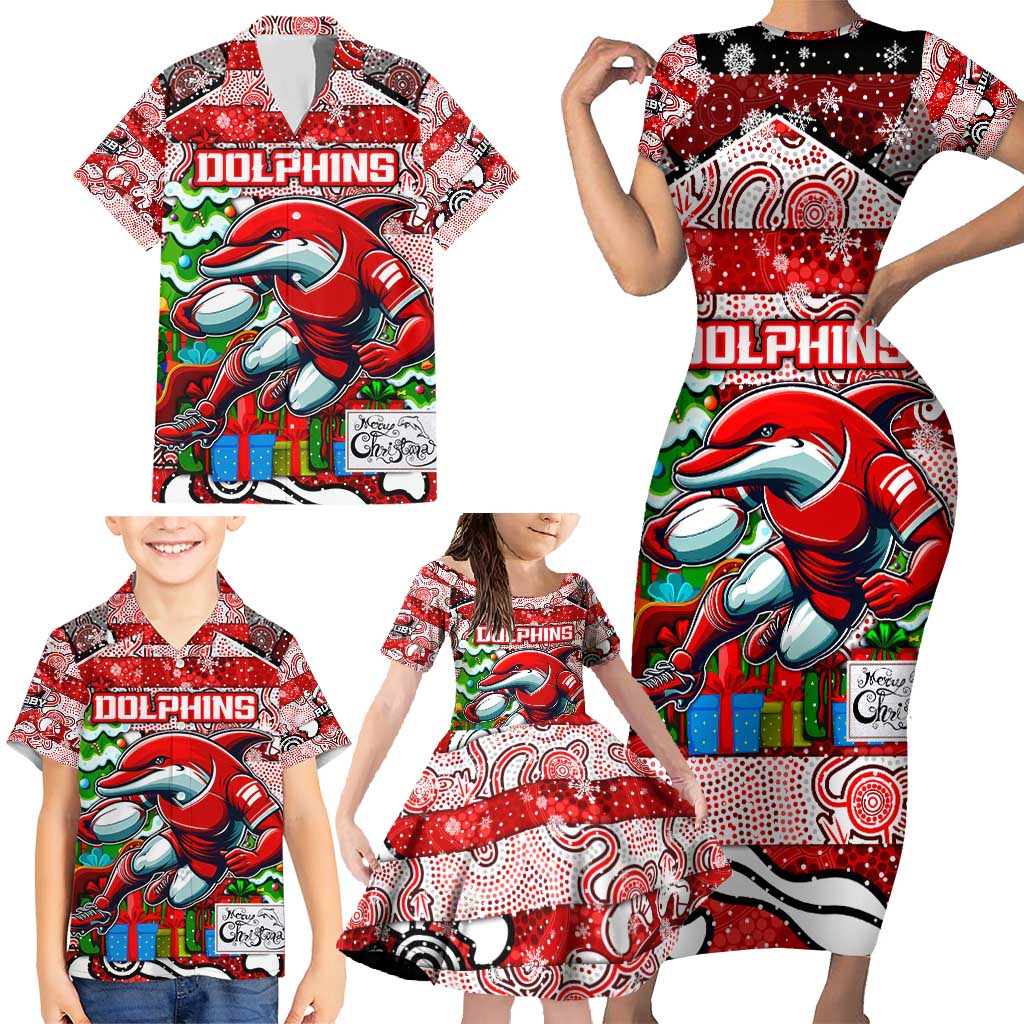 Custom Dolphins Rugby Merry Christmas Family Matching Short Sleeve Bodycon Dress and Hawaiian Shirt Indigenous Australian Art