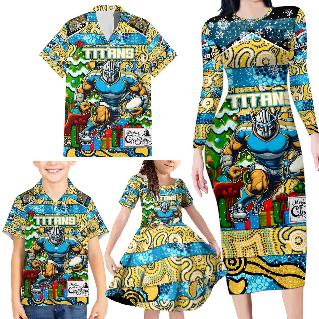 Custom Titans Rugby Merry Christmas Family Matching Long Sleeve Bodycon Dress and Hawaiian Shirt Indigenous Australian Art