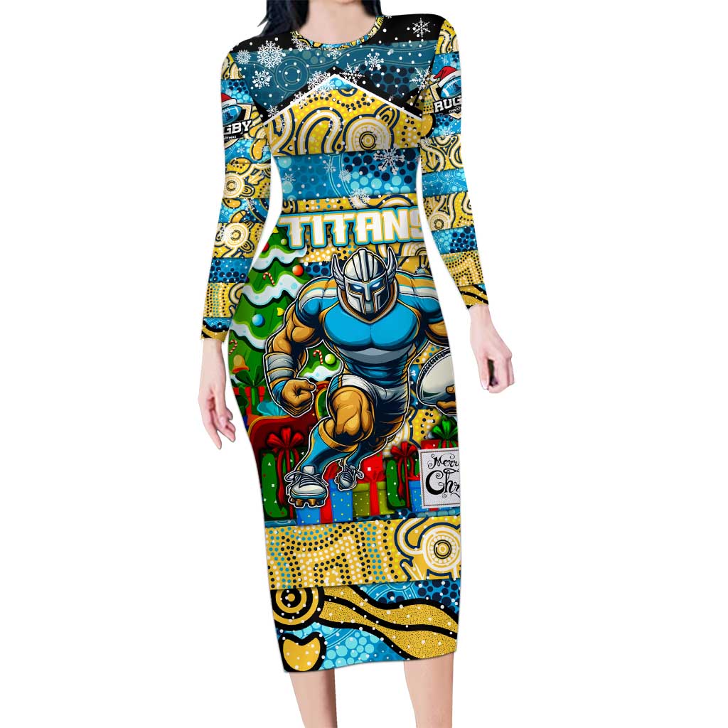 Custom Titans Rugby Merry Christmas Family Matching Long Sleeve Bodycon Dress and Hawaiian Shirt Indigenous Australian Art