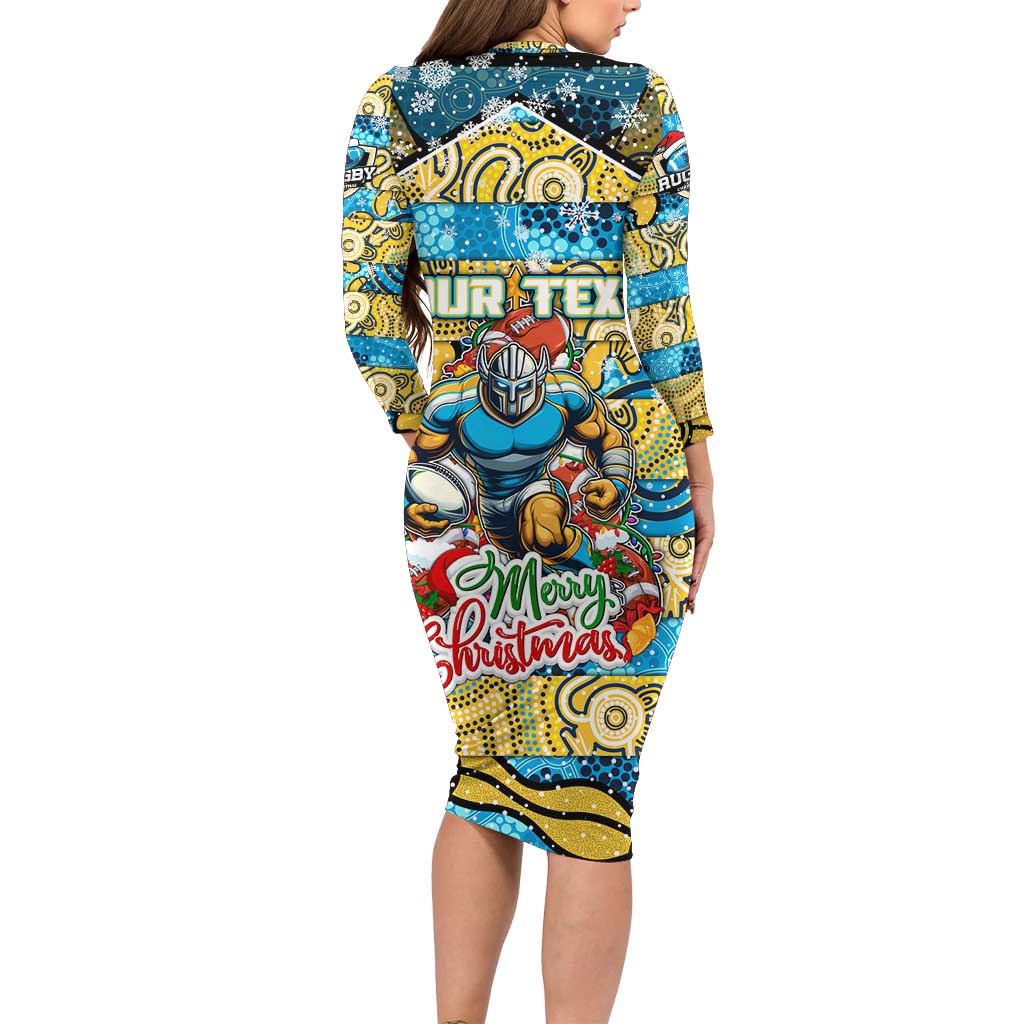 Custom Titans Rugby Merry Christmas Family Matching Long Sleeve Bodycon Dress and Hawaiian Shirt Indigenous Australian Art