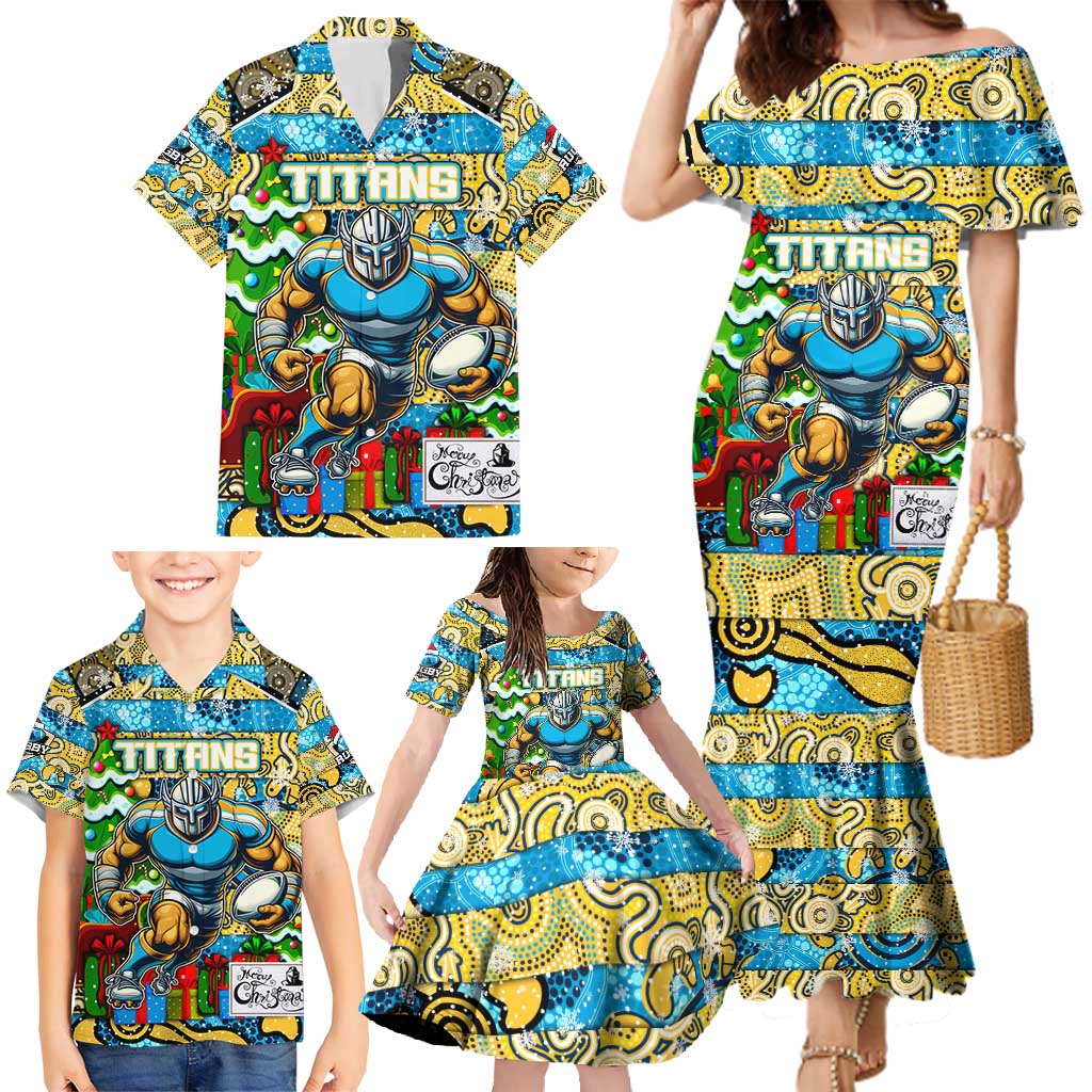 Custom Titans Rugby Merry Christmas Family Matching Mermaid Dress and Hawaiian Shirt Indigenous Australian Art