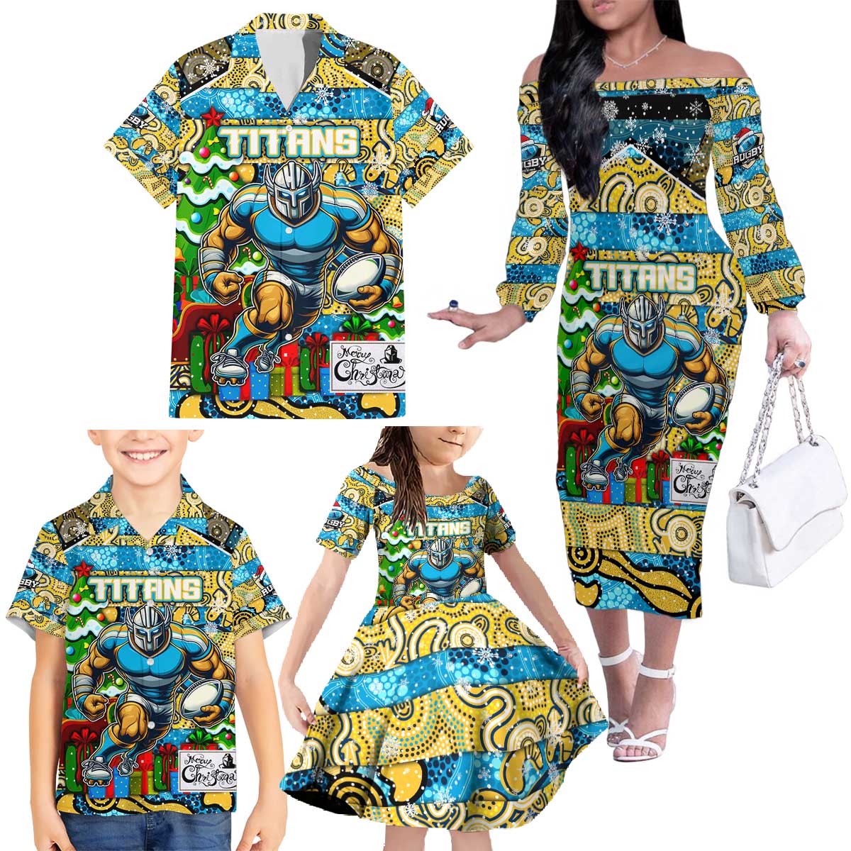 Custom Titans Rugby Merry Christmas Family Matching Off The Shoulder Long Sleeve Dress and Hawaiian Shirt Indigenous Australian Art