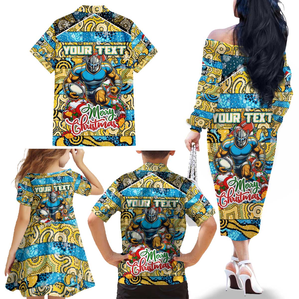 Custom Titans Rugby Merry Christmas Family Matching Off The Shoulder Long Sleeve Dress and Hawaiian Shirt Indigenous Australian Art