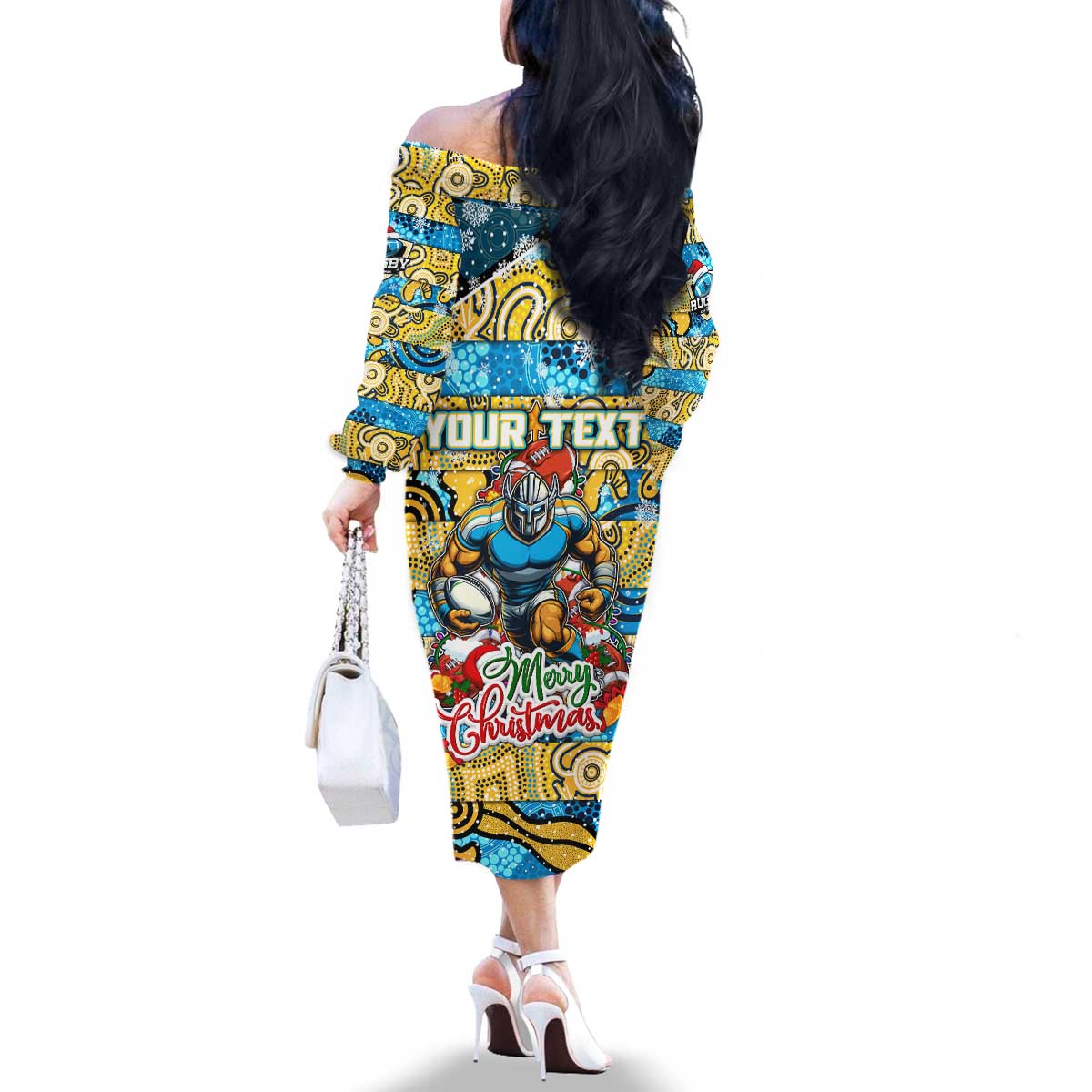 Custom Titans Rugby Merry Christmas Family Matching Off The Shoulder Long Sleeve Dress and Hawaiian Shirt Indigenous Australian Art