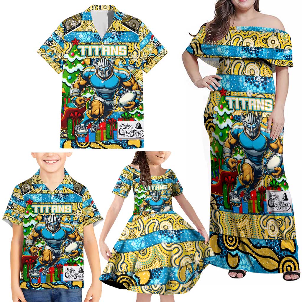 Custom Titans Rugby Merry Christmas Family Matching Off Shoulder Maxi Dress and Hawaiian Shirt Indigenous Australian Art