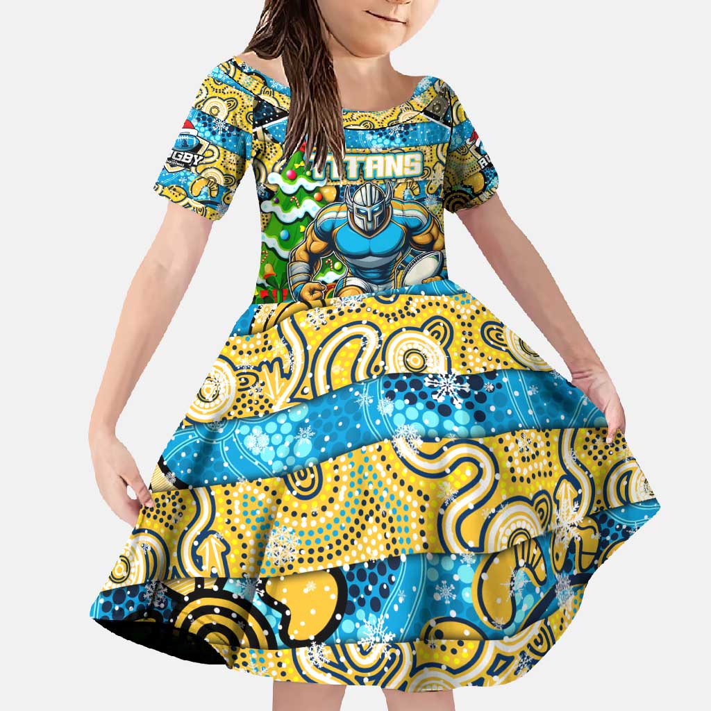 Custom Titans Rugby Merry Christmas Family Matching Off Shoulder Maxi Dress and Hawaiian Shirt Indigenous Australian Art