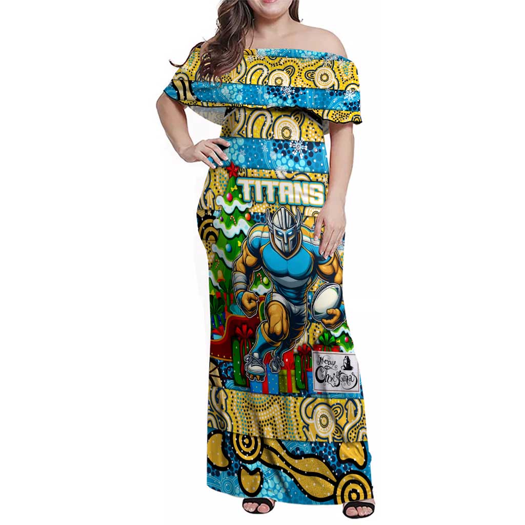 Custom Titans Rugby Merry Christmas Family Matching Off Shoulder Maxi Dress and Hawaiian Shirt Indigenous Australian Art