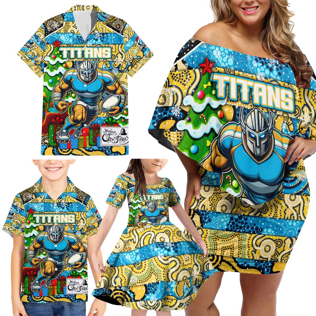 Custom Titans Rugby Merry Christmas Family Matching Off Shoulder Short Dress and Hawaiian Shirt Indigenous Australian Art