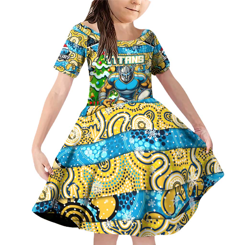 Custom Titans Rugby Merry Christmas Family Matching Off Shoulder Short Dress and Hawaiian Shirt Indigenous Australian Art