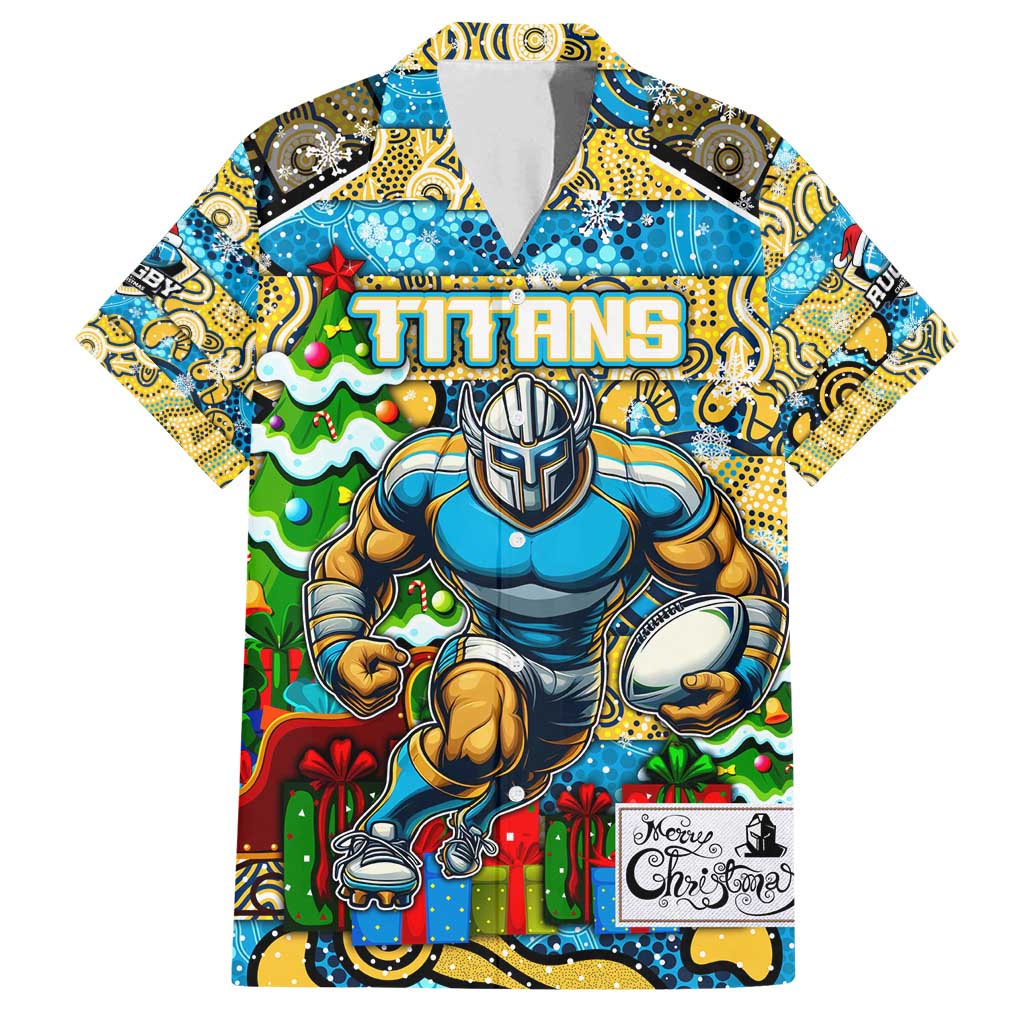 Custom Titans Rugby Merry Christmas Family Matching Off Shoulder Short Dress and Hawaiian Shirt Indigenous Australian Art