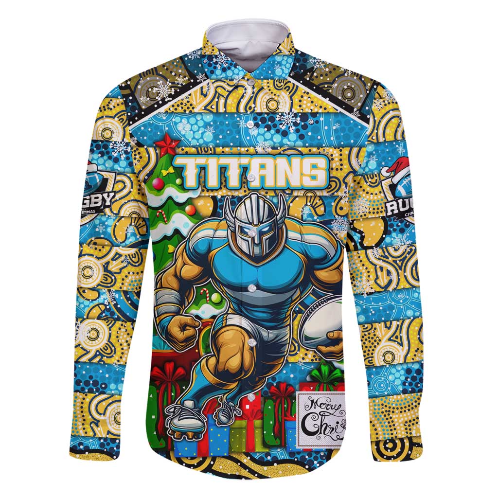 Custom Titans Rugby Merry Christmas Family Matching Off Shoulder Short Dress and Hawaiian Shirt Indigenous Australian Art