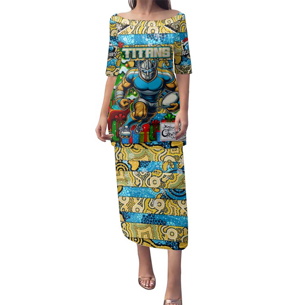 Custom Titans Rugby Merry Christmas Family Matching Puletasi and Hawaiian Shirt Indigenous Australian Art