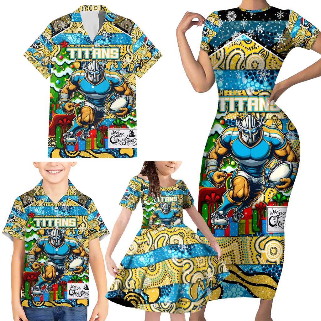 Custom Titans Rugby Merry Christmas Family Matching Short Sleeve Bodycon Dress and Hawaiian Shirt Indigenous Australian Art