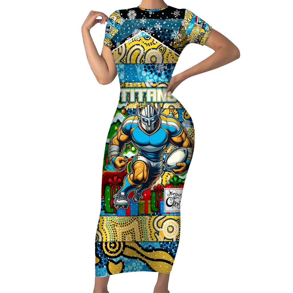 Custom Titans Rugby Merry Christmas Family Matching Short Sleeve Bodycon Dress and Hawaiian Shirt Indigenous Australian Art