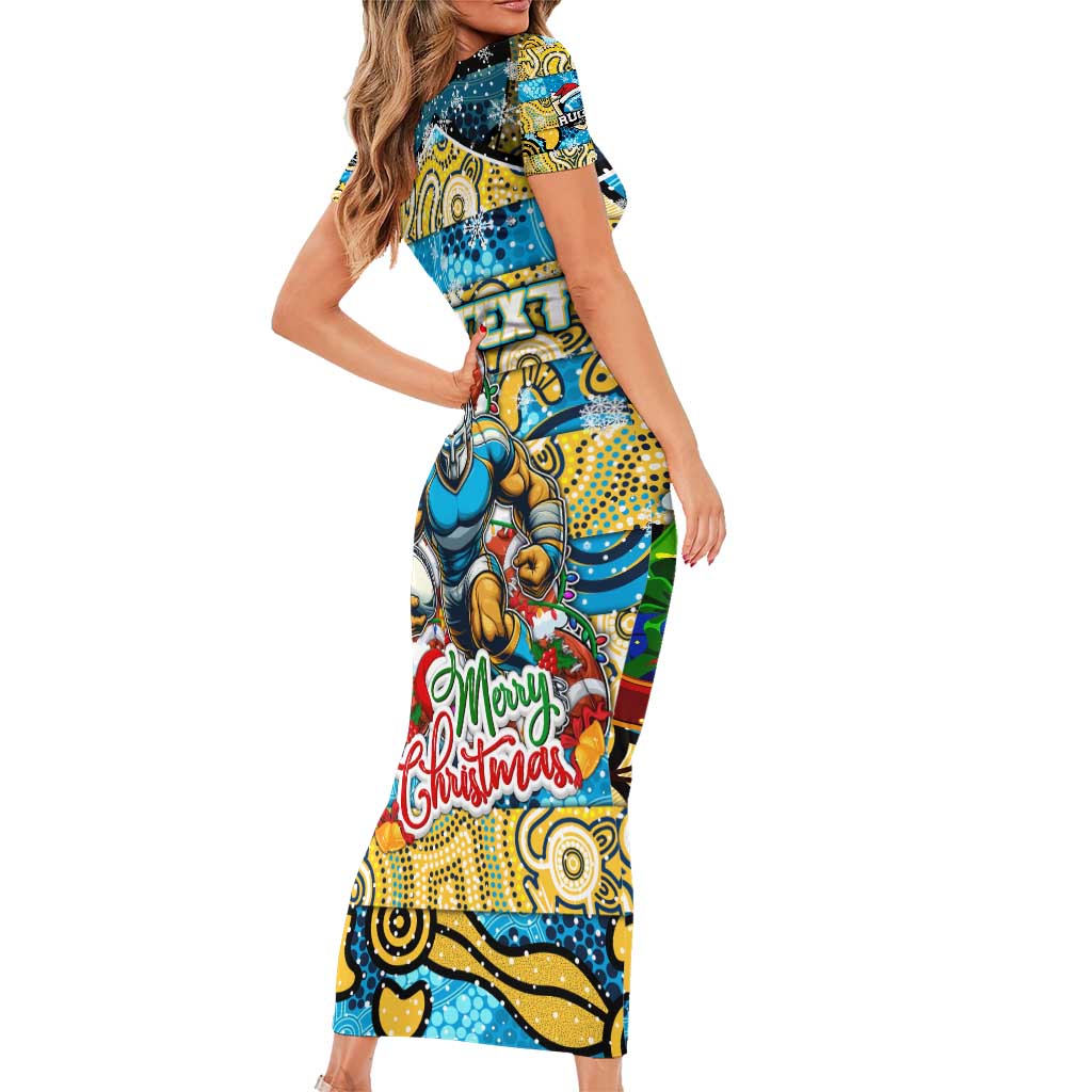 Custom Titans Rugby Merry Christmas Family Matching Short Sleeve Bodycon Dress and Hawaiian Shirt Indigenous Australian Art