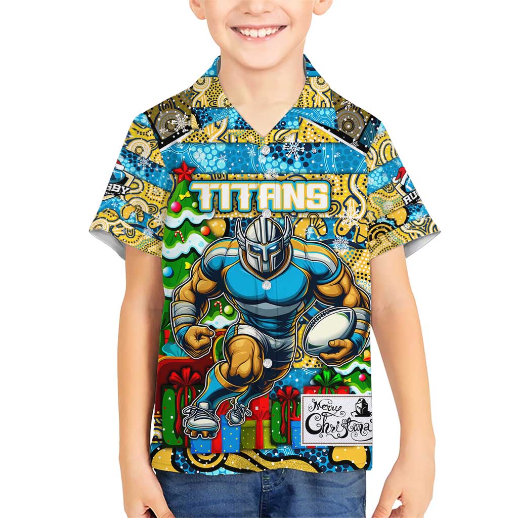 Custom Titans Rugby Merry Christmas Family Matching Short Sleeve Bodycon Dress and Hawaiian Shirt Indigenous Australian Art