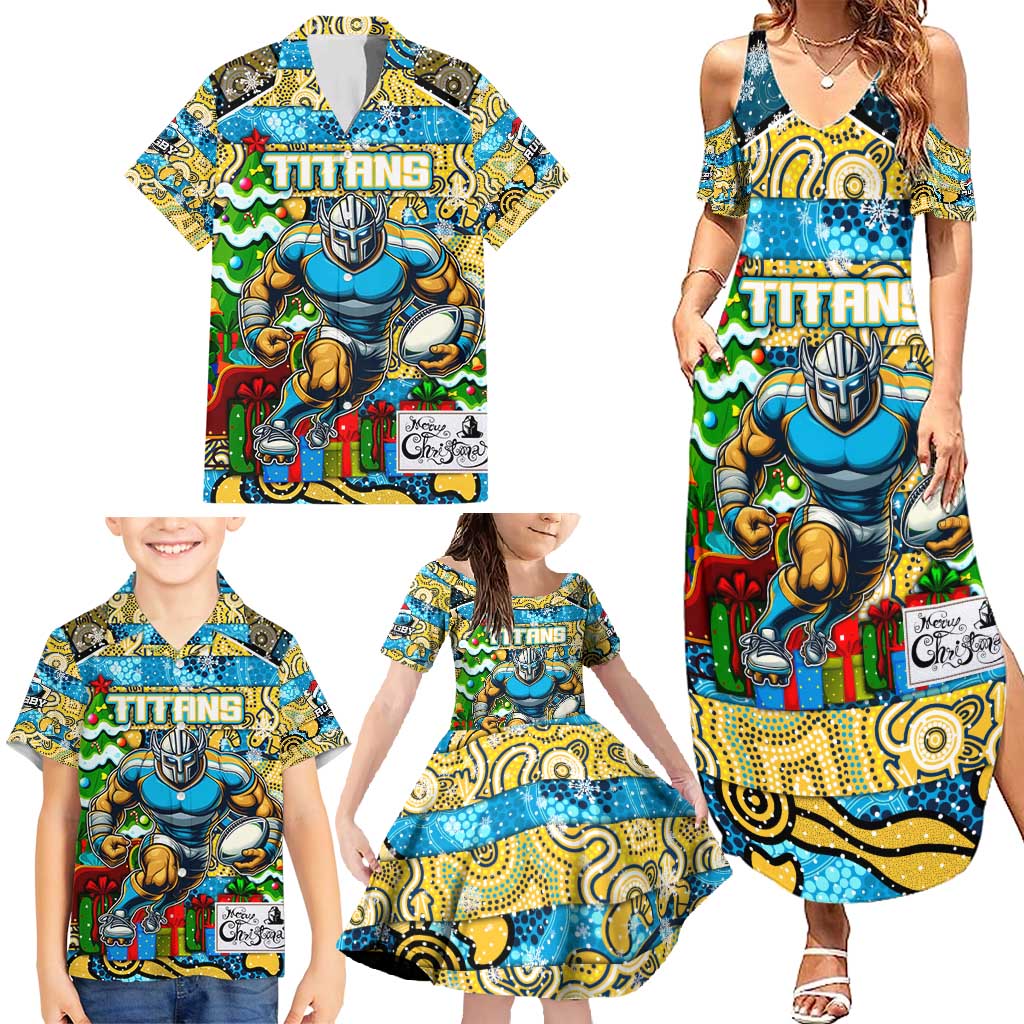 Custom Titans Rugby Merry Christmas Family Matching Summer Maxi Dress and Hawaiian Shirt Indigenous Australian Art