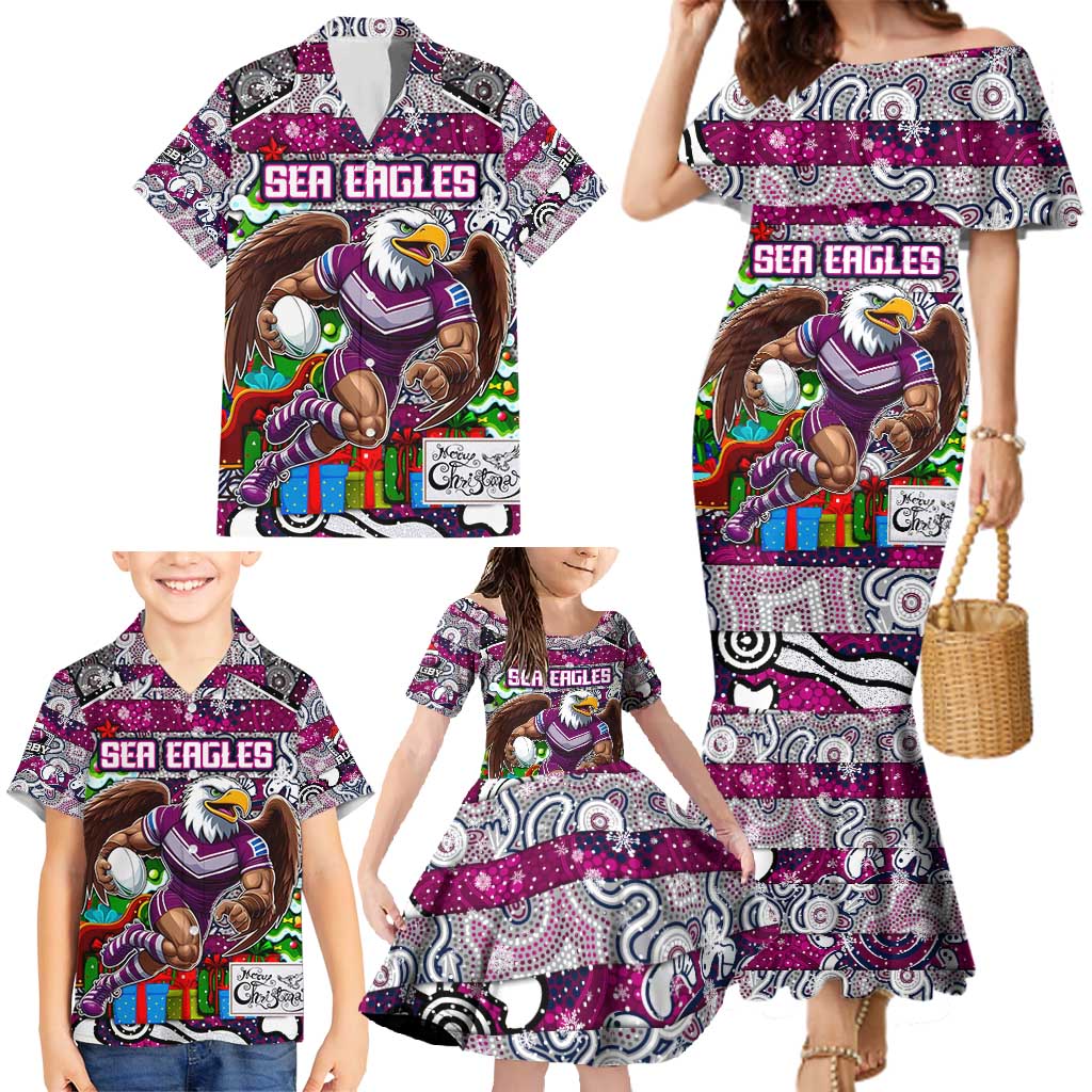 Custom Sea Eagles Rugby Merry Christmas Family Matching Mermaid Dress and Hawaiian Shirt Indigenous Australian Art