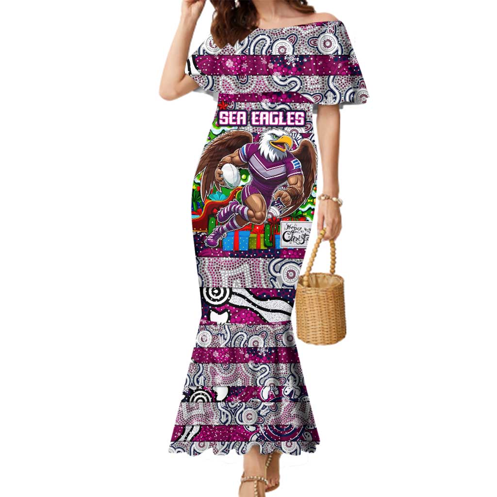 Custom Sea Eagles Rugby Merry Christmas Family Matching Mermaid Dress and Hawaiian Shirt Indigenous Australian Art