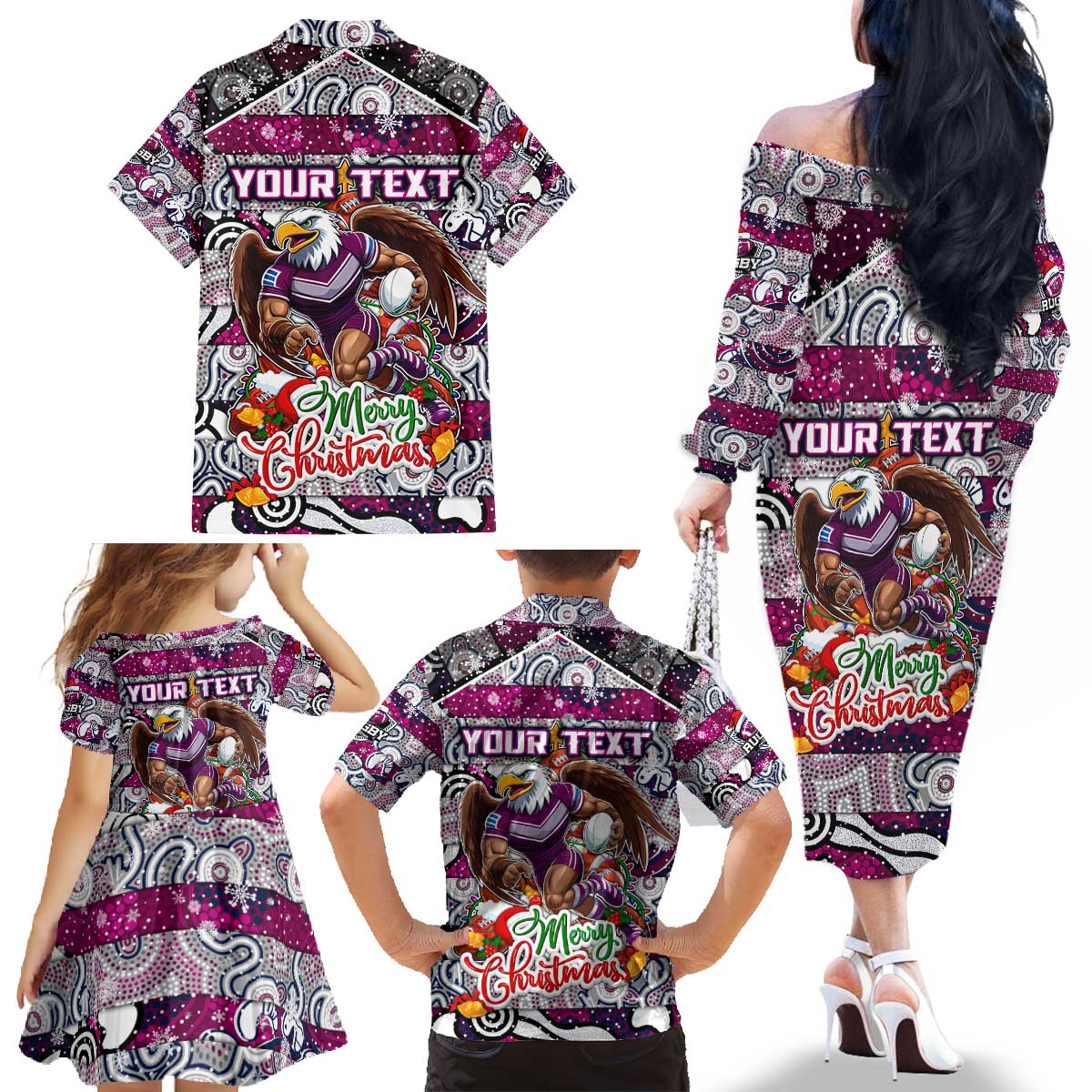 Custom Sea Eagles Rugby Merry Christmas Family Matching Off The Shoulder Long Sleeve Dress and Hawaiian Shirt Indigenous Australian Art