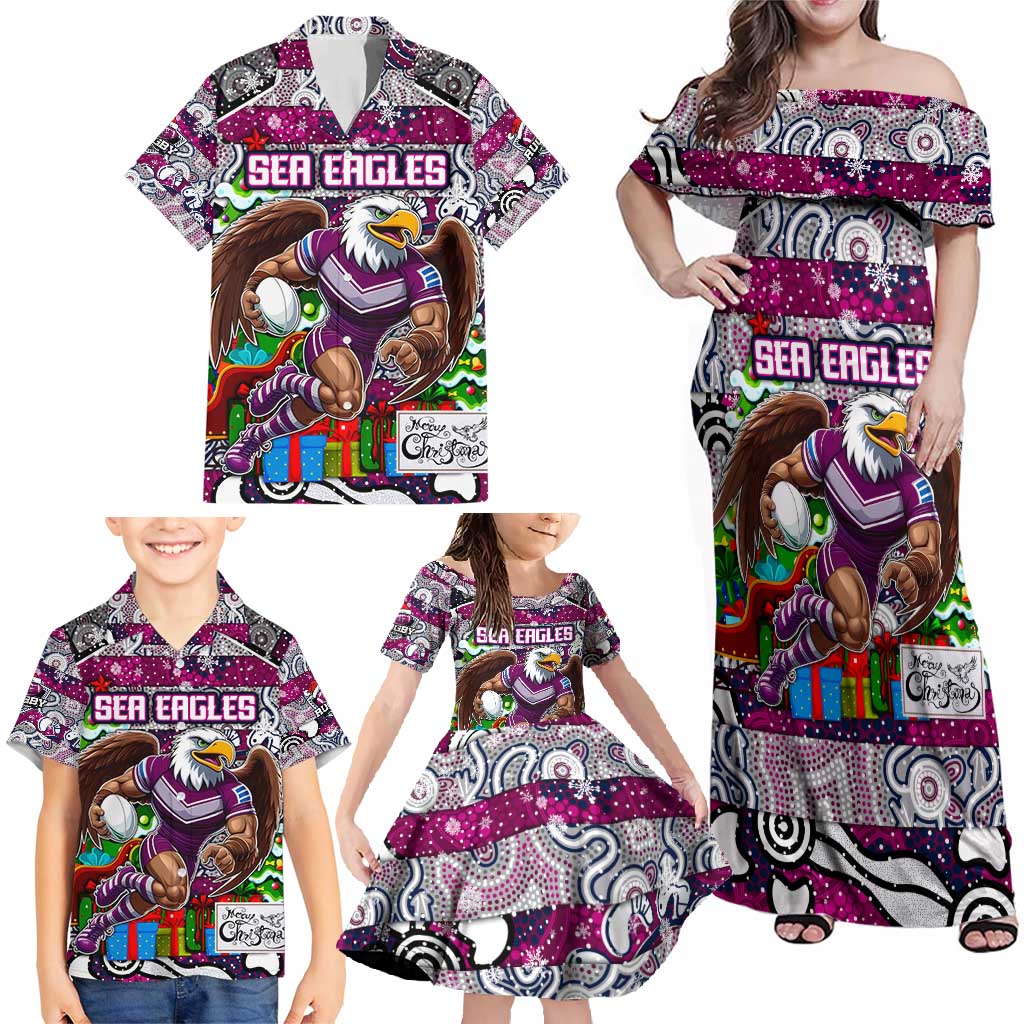 Custom Sea Eagles Rugby Merry Christmas Family Matching Off Shoulder Maxi Dress and Hawaiian Shirt Indigenous Australian Art