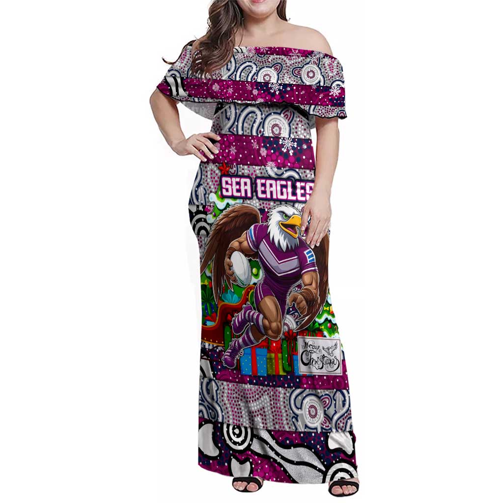 Custom Sea Eagles Rugby Merry Christmas Family Matching Off Shoulder Maxi Dress and Hawaiian Shirt Indigenous Australian Art
