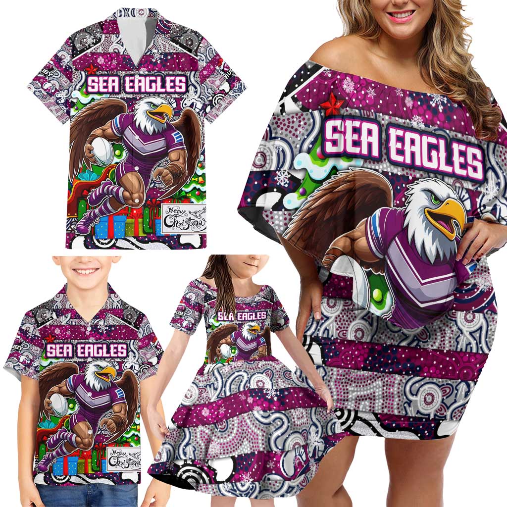 Custom Sea Eagles Rugby Merry Christmas Family Matching Off Shoulder Short Dress and Hawaiian Shirt Indigenous Australian Art