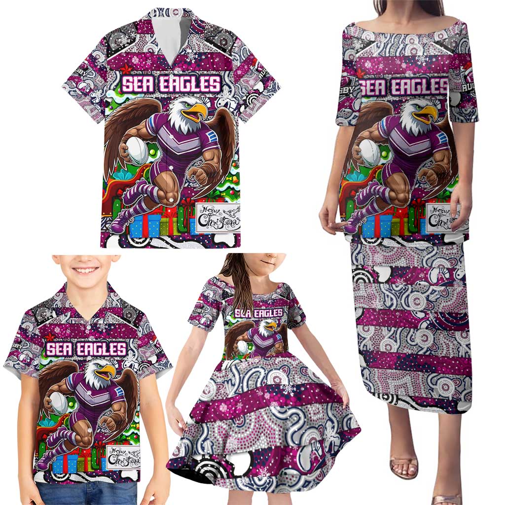 Custom Sea Eagles Rugby Merry Christmas Family Matching Puletasi and Hawaiian Shirt Indigenous Australian Art